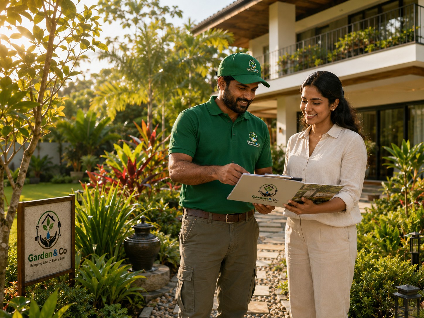 Garden & Co client consultation in a finished tropical garden